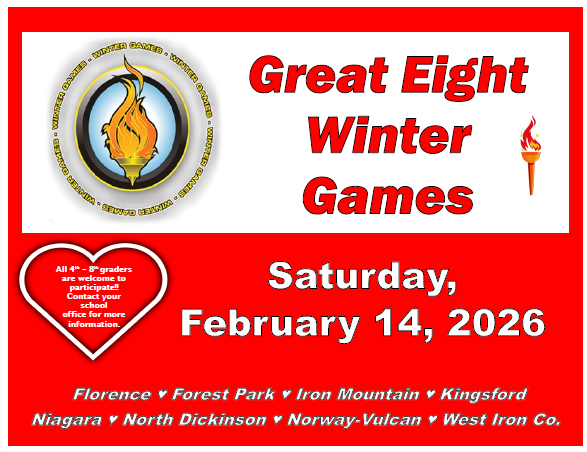 Poster for the Great Eight Winter Games on Saturday, February 14, 2026. Open to 4th–8th graders from eight area schools including Florence, Forest Park, and more.