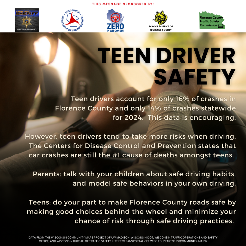 teen driver safety Teen drivers account for only 16% of crashes in Florence County and only 14% of crashes statewide for 2024.  This data is encouraging.  However, teen drivers tend to take more risks when driving.  The Centers for Disease Control and Prevention states that car crashes are still the #1 cause of deaths amongst teens.   Parents: talk with your children about safe driving habits, and model safe behaviors in your own driving.  Teens: do your part to make Florence County roads safe by making good choices behind the wheel and minimize your chance of risk through safe driving practices.   This message sponsored by the florence county sheriff, Wisconsin DOT, School District of Florence County, and The Florence county traffic safety commission.  Data from the Wisconsin community maps project of uW madison, wisconsin dot, Wisconsin traffic Operations and safety office, and wisconsin bureau of traffic safety. https://transportal.cee.wisc.edu/partners/community-maps/