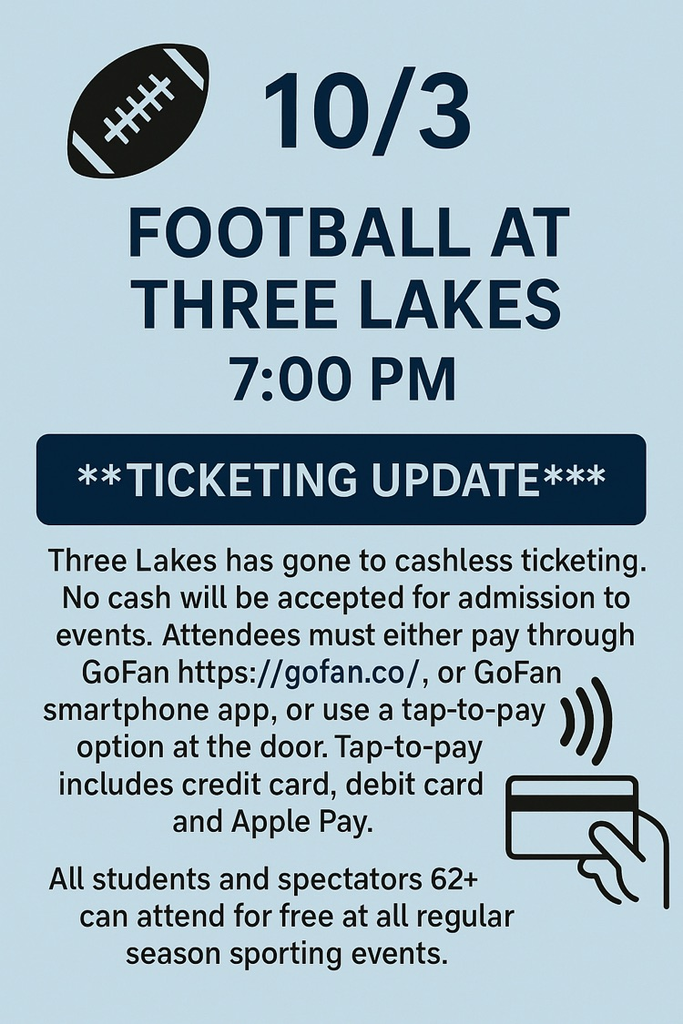three lakes cashless payments only for 10/3 football game