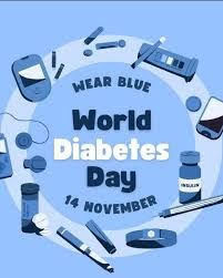 **Alt Text:** Light blue graphic promoting World Diabetes Day on November 14. The image features the words “Wear Blue – World Diabetes Day – 14 November” surrounded by illustrations of diabetes-related items such as an insulin pen, glucose meter, syringe, test strips, and insulin vial, all in shades of blue.