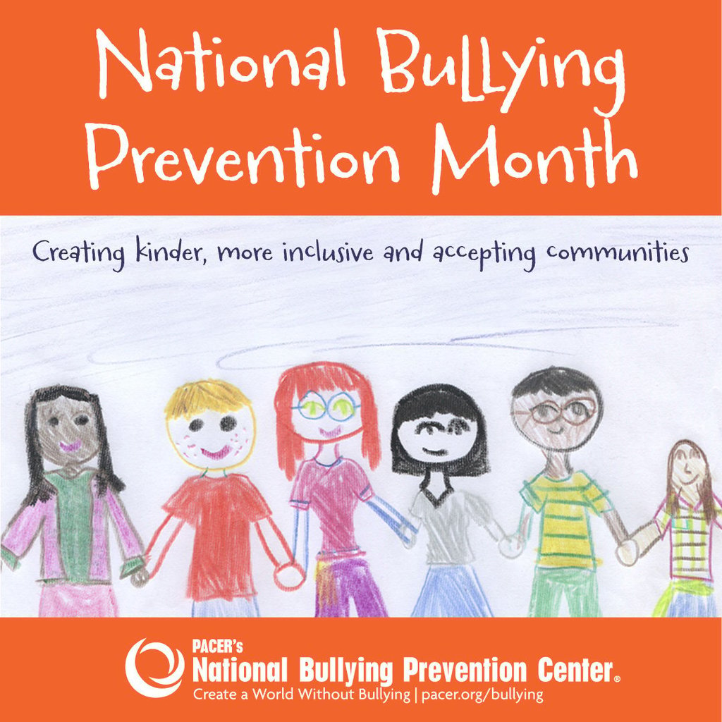 Graphic with a child’s drawing of six smiling children holding hands. Text above reads “National Bullying Prevention Month” and “Creating kinder, more inclusive and accepting communities.” The PACER’s National Bullying Prevention Center logo and website appear on an orange banner at the bottom.