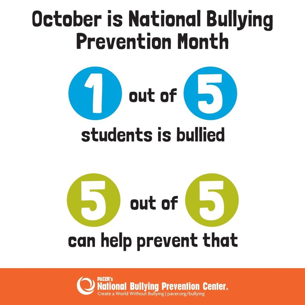 Graphic with text reading “October is National Bullying Prevention Month. 1 out of 5 students is bullied. 5 out of 5 can help prevent that.” The numbers 1 and 5 appear in blue and green circles. At the bottom, there is an orange banner with PACER’s National Bullying Prevention Center logo and website.