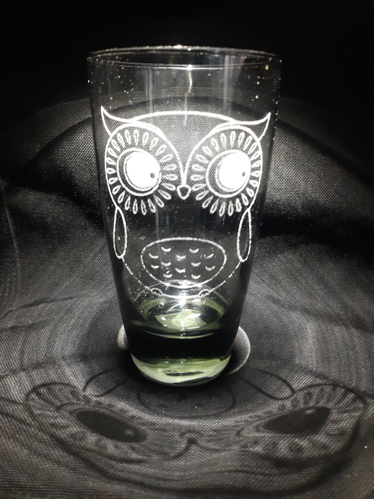 Alt text: “A clear glass with an etched owl design featuring large round eyes, feathers, and a patterned chest. The glass is placed on a dark textured background, with light creating a reflective shadow of the owl design beneath it.”