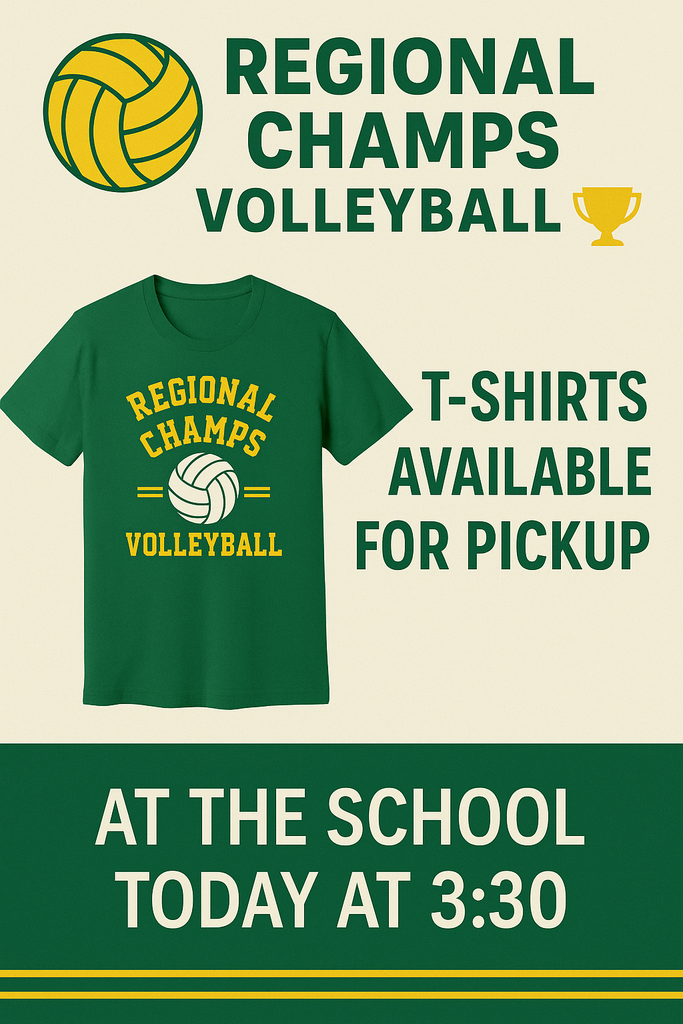 🏆 Regional Champs Volleyball Gear Pickup 🏆  Regional Champs shirts are IN!  You can pick up your T-shirt at the school today at 3:30. Thank you for supporting our Lady Cats and showing your Bobcat pride 💚💛  #GoLadyCats #BobcatPride #RegionalChamps 🏐
