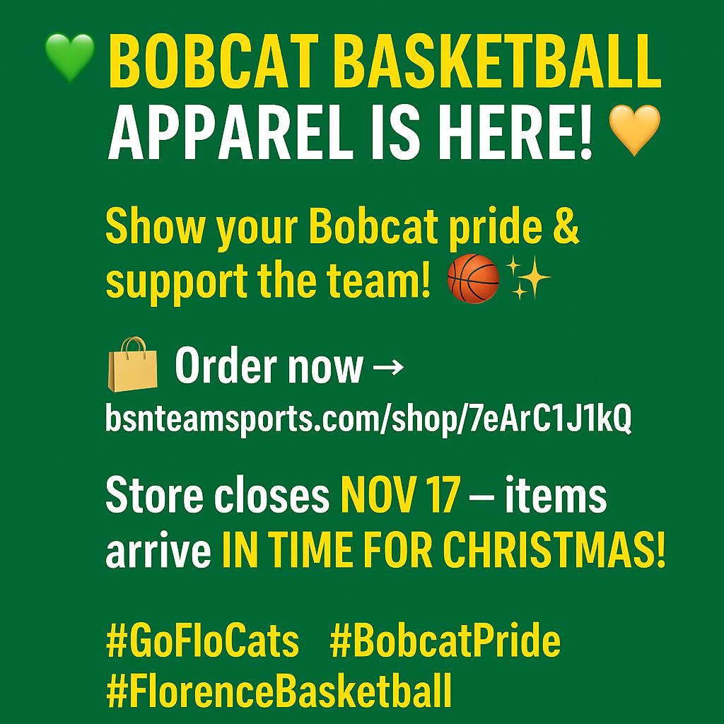 💚💛 BOBCAT BASKETBALL APPAREL IS HERE! 💛💚 Show your Bobcat pride & support the team! 🏀 🛍️ Order now 👉 [https://bsnteamsports.com/shop/7eArC1J1kQ](https://bsnteamsports.com/shop/7eArC1J1kQ) Store closes **Nov 17** — items arrive **in time for Christmas!** 🎁 #GoFloCats #BobcatPride #FlorenceBasketball