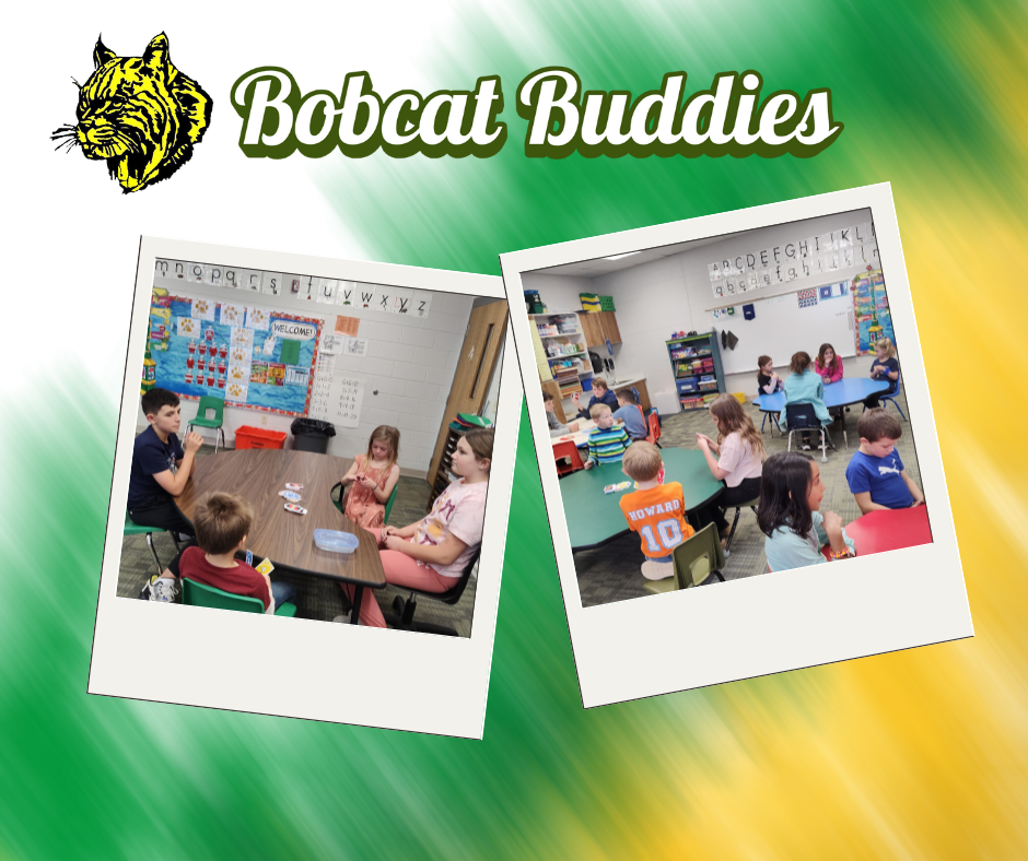 Bobcat Buddies and 5th & 1st Grade students in a classroom at a table playing Uno