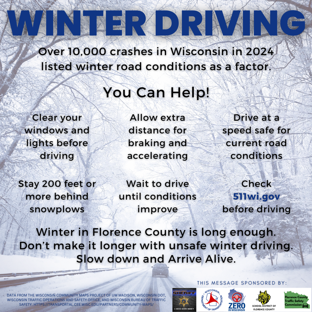 WINTER DRIVING Over 10,000 crashes in Wisconsin in 2024 listed winter road conditions as a factor. You Can Help! Clear your windows and lights before driving Allow extra distance for braking and accelerating Drive at a speed safe for current road conditions  Data from the Wisconsin community maps project of uW madison, wisconsin dot, Wisconsin traffic Operations and safety office, and wisconsin bureau of traffic safety. https://transportal.cee.wisc.edu/partners/community-maps/ Wait to drive until conditions improve Stay 200 feet or more behind snowplows Check 511wi.gov before driving Winter in Florence County is long enough. Don’t make it longer with unsafe winter driving. Slow down and Arrive Alive. Data from the Wisconsin community maps project of uW madison, wisconsin dot, Wisconsin traffic Operations and safety office, and wisconsin bureau of traffic safety. https://transportal.cee.wisc.edu/partners/community-maps/ 