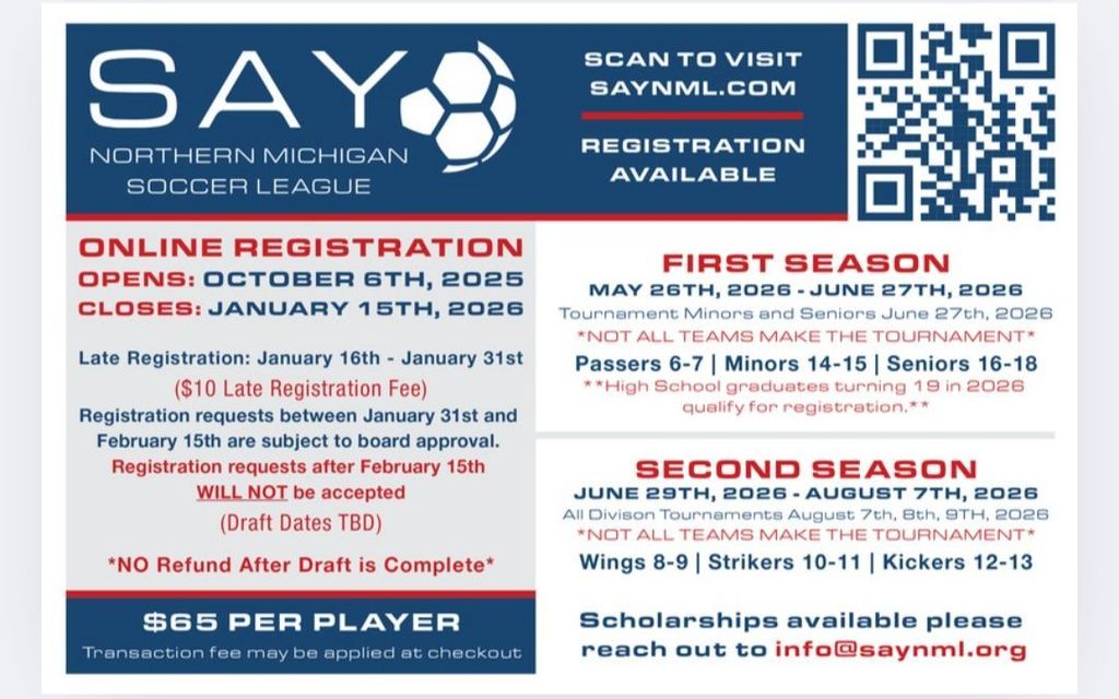 A promotional flyer for the SAY Northern Michigan Soccer League. The top left shows the league logo with a blue soccer ball icon and the text “SAY Northern Michigan Soccer League.” The top right includes a QR code with the words “Scan to visit saynml.com – Registration available.” Below, the flyer lists online registration dates: opens October 6, 2025 and closes January 15, 2026. Late registration runs January 16–31 with a $10 fee. Registration requests after February 15 will not be accepted. The cost is $65 per player. The flyer details two seasons: Season 1 from May 26 to June 27, 2026 for Passers ages 6–7, Minors 14–15, and Seniors 16–18. Season 2 runs June 29 to August 7, 2026 for Wings 8–9, Strikers 10–11, and Kickers 12–13. Notes include that not all teams make the tournament and scholarships are available by contacting info@saynml.org . The flyer has a red, white, and blue color scheme.