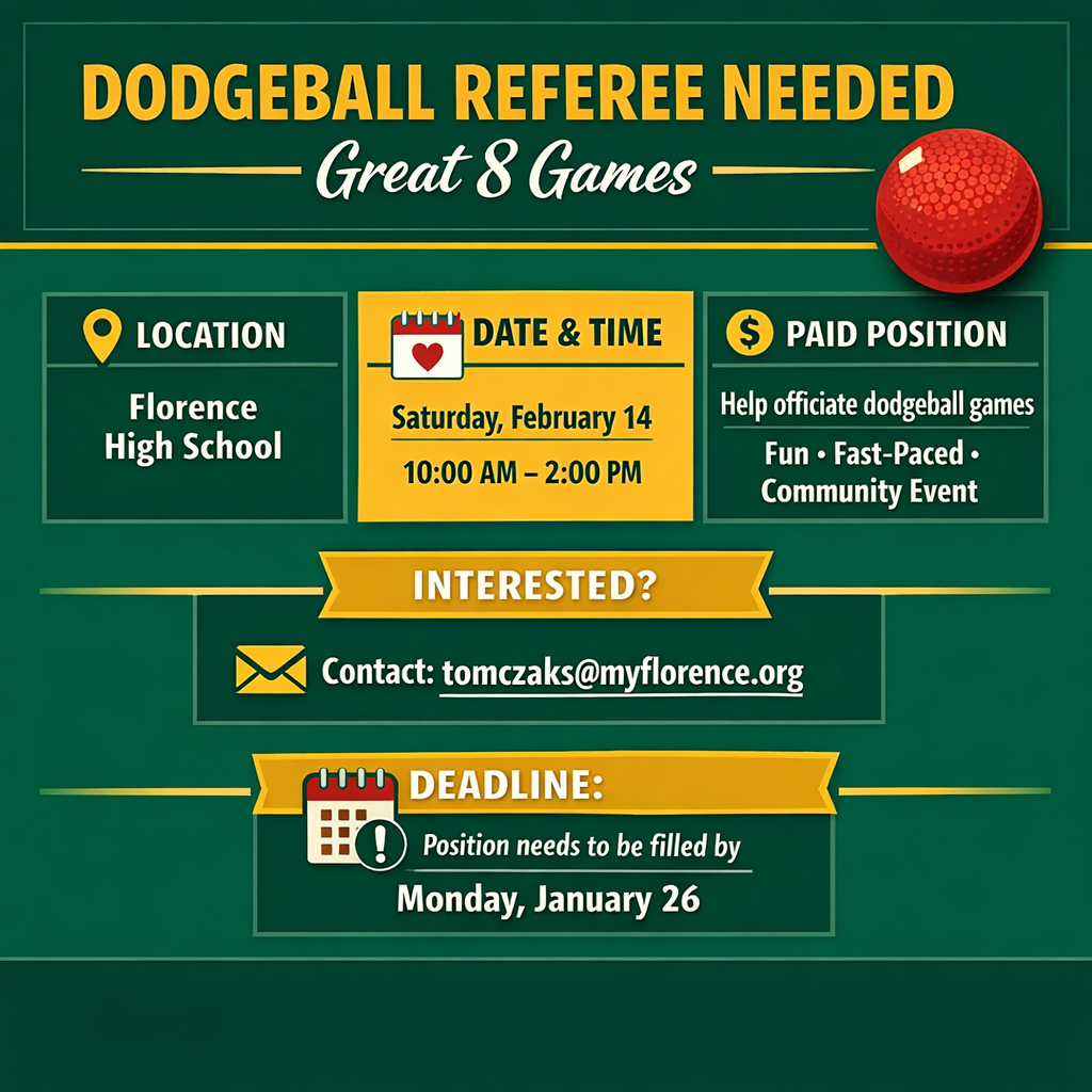 🏐 Dodgeball Referee Needed! 🏐  We are looking for one additional dodgeball referee to officiate the Great 8 Games at Florence High School.  📅 Date: Saturday, February 14 ⏰ Time: Approximately 10:00 AM – 2:00 PM 💰 Paid position  If you’re interested or know someone who would be a great fit, please contact: 📧 tomczaks@myflorence.org  🗓️ Deadline: We are hoping to fill this position by Monday, January 26.  Please share to help us spread the word!
