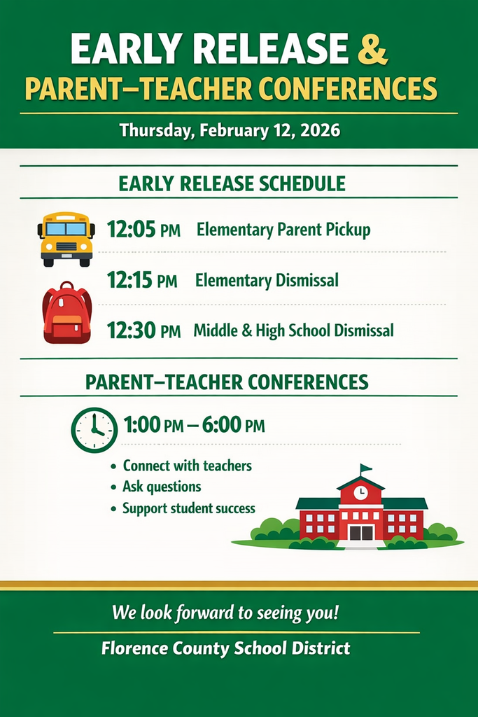 Infographic announcing Early Release and Parent-Teacher Conferences for Florence County School District on Thursday, February 12, 2026. Early release schedule lists 12:05 PM elementary parent pickup, 12:15 PM elementary dismissal, and 12:30 PM middle and high school dismissal. Parent-Teacher Conferences are scheduled from 1:00 PM to 6:00 PM, with reminders to connect with teachers, ask questions, and support student success. Footer reads, “We look forward to seeing you.”