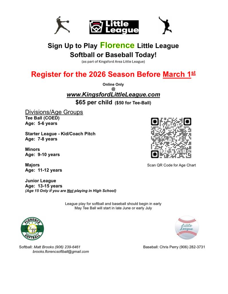 Flyer promoting Florence Little League softball and baseball registration for the 2026 season. The flyer states that registration must be completed before March 1 and is available online at www.KingsfordLittleLeague.com . Registration costs $65 per child ($50 for Tee-Ball).  The flyer lists divisions and age groups: • Tee Ball (coed), ages 5–6 • Starter League / Kid-Coach Pitch, ages 7–8 • Minors, ages 9–10 • Majors, ages 11–12 • Junior League, ages 13–15 (age 15 only if not playing high school)  League play is expected to begin in early May, with Tee Ball starting in late June or early July. A QR code is included for an age chart, along with contact information for softball and baseball coordinators. The flyer features Little League and Florence softball logos and baseball-themed graphics.
