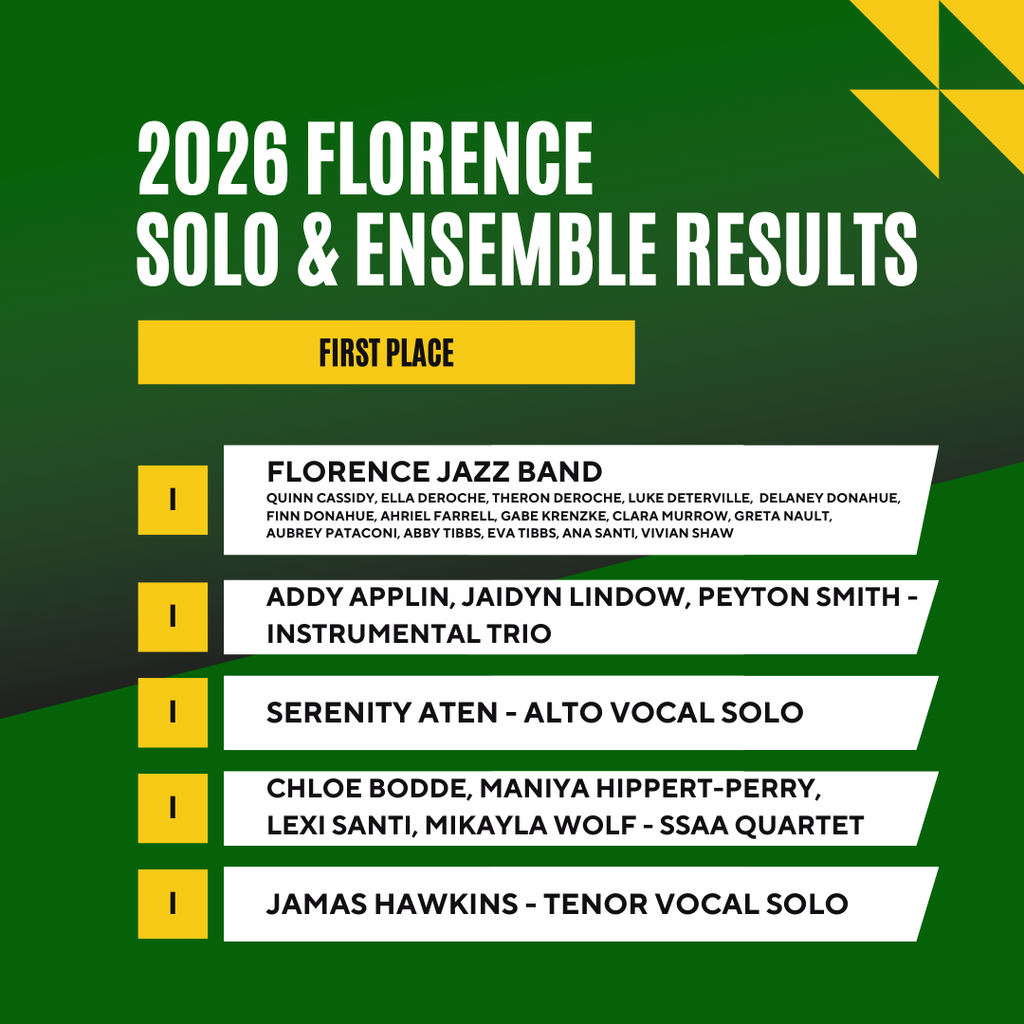2026 florence solo & ensemble results first place florence jazz band quinn cassidy ella deroche theron deroche luke deterville delaney donahue finn donahue ahriel farrel gabe krenzke clara murrow greta nault aubrey pataconi abby tibbs eva tibbs ana santi vivian shaw addy applin jaidyn lindow peyton smith instrumental trio serenity aten alto vocal solo chloe bodde maniya hippert perry lexi santi mikayla wold ssaa quartet jamas hawkins tenor vocal solo
