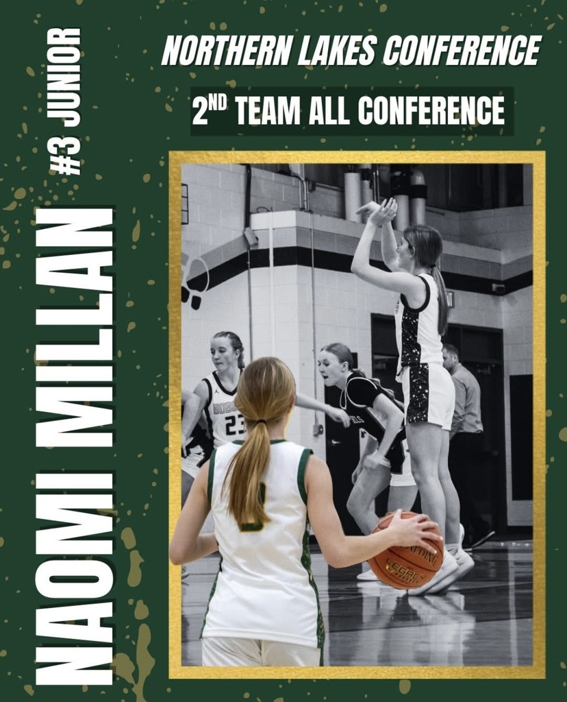 Graphic celebrating Naomi Millan (#3), a junior on the Florence girls basketball team, for being named Northern Lakes Conference 2nd Team All-Conference. The design uses Florence’s green and gold colors with text highlighting her award. The main image shows Naomi from behind in a white Florence basketball uniform dribbling a basketball during a game. In the background, a faded black-and-white action photo shows another player shooting while defenders react. The graphic recognizes Naomi’s All-Conference selection in the Northern Lakes Conference.