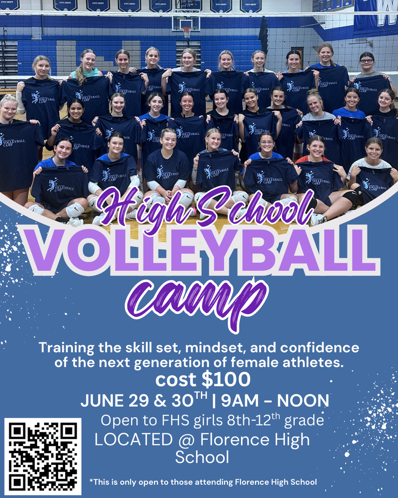 Group photo of Florence High School volleyball players posing in a gym while holding navy “Volleyball Camp” shirts. Overlaid text reads “High School Volleyball Camp.” The flyer promotes a camp focused on building skills, mindset, and confidence for female athletes. Details include cost $100, June 29–30 from 9 AM–Noon at Florence High School, open to FHS girls in grades 8–12, with a QR code for registration.