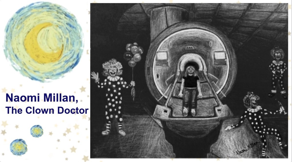 A picture of Clowns by and MRI Machine with a lady laying on the table by Naomi Millan