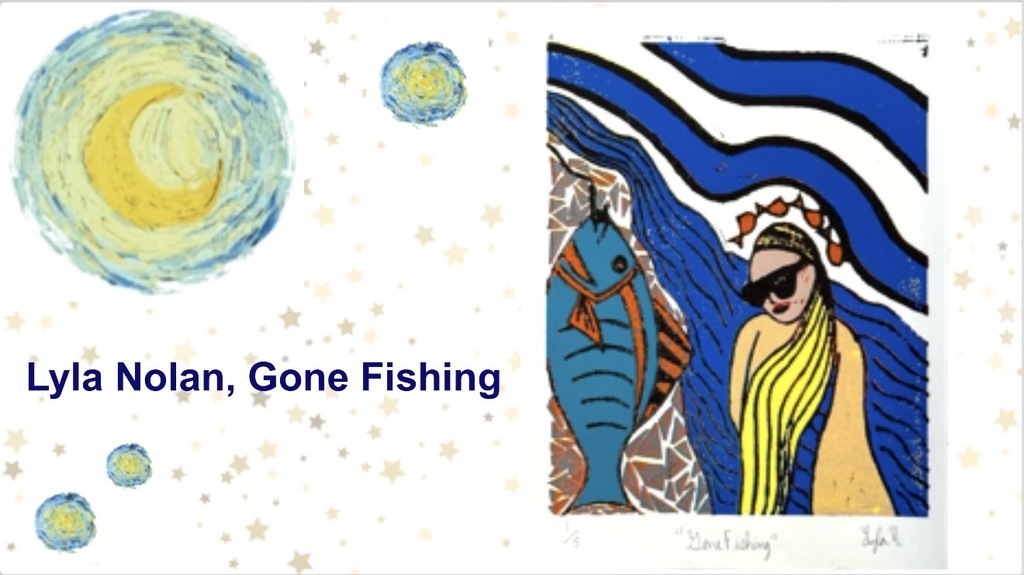 A picutre of a fish on a hook and stream with a picture of a lady with a fish crown by Lyla Nolan