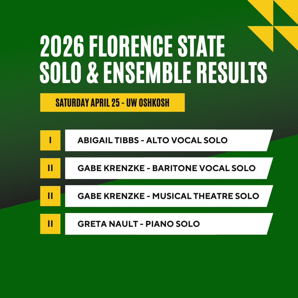 2026 Florence State Solo & Ensemble Results Saturday April 25 UW Oshkosh first place Abigail Tibbs alto vocal solo second place gabe krenzke baritone vocal solo second place gabe krenzke musical theatre solo second place greta nault piano solo