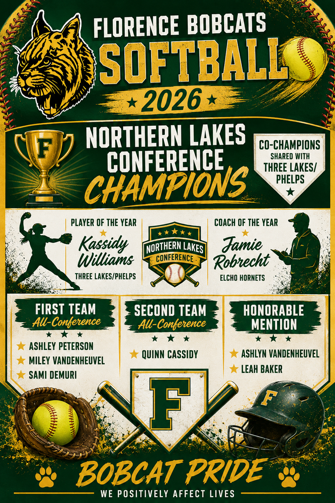 Congratulations to the Florence Bobcats Softball Team on an outstanding 2026 season!  The Bobcats earned a share of the Northern Lakes Conference Championship and were well represented in the conference awards.  ⭐ First Team All-Conference • Ashley Peterson • Miley Vandenheuvel • Sami DeMuri  ⭐ Second Team All-Conference • Quinn Cassidy  ⭐ Honorable Mention • Ashlyn Vandenheuvel • Leah Baker  We are proud of these student-athletes and the dedication, teamwork, and commitment they displayed throughout the season. Congratulations to the entire team on a fantastic year!  #BobcatPride #FlorenceAthletics #NLCChampions 🥎💚💛
