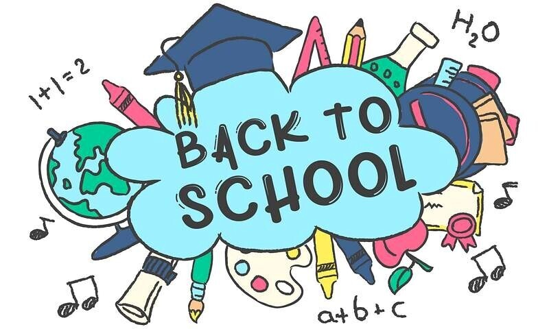 Illustrated "Back to School" graphic featuring the words "Back to School" inside a light blue cloud. Surrounding the cloud are colorful school-themed items, including a graduation cap, globe, backpack, ruler, pencils, paint palette, paintbrush, crayon, notebook, diploma, science flask, and rolled paper. Hand-drawn doodles of musical notes, math equations ("1+1=2" and "a+b+c"), and the chemical formula "H₂O" decorate the white background, creating a fun and educational back-to-school theme.