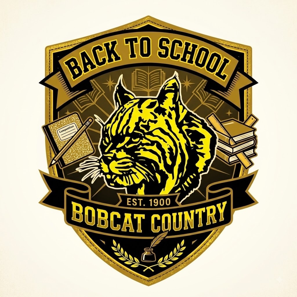 A gold, black, and white athletic emblem featuring an illustrated bobcat head in the center. A top black banner reads "BACK TO SCHOOL" in gold lettering, and a bottom banner reads "BOBCAT COUNTRY" above "EST. 1900". To the left of the bobcat is a composition notebook and pencil; to the right is a stack of books with a ruler. The bottom apex of the shield includes an inkwell with a feather quill and a laurel wreath motif.