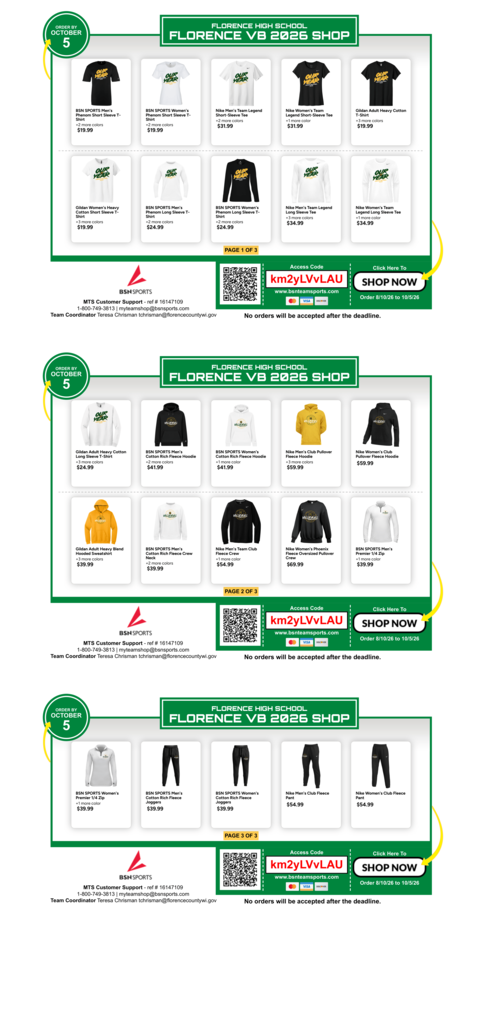 A three-page flyer for the Florence High School Florence VB 2026 Shop by BSN SPORTS. The flyer showcases various branded apparel items including short-sleeve tees, long-sleeve shirts, hoodies, crewneck sweatshirts, quarter-zips, and fleece sweatpants in black, white, and gold featuring team graphics like "OUR YEAR" and "FLORENCE VOLLEYBALL." Key details displayed across each page include: Order Deadline: October 5 (Order window: 9/10/26 to 10/5/26) Website: bsnteamsports.com with a QR code included Access Code: km2yLVvLAU Footer Note: "No orders will be accepted after the deadline."