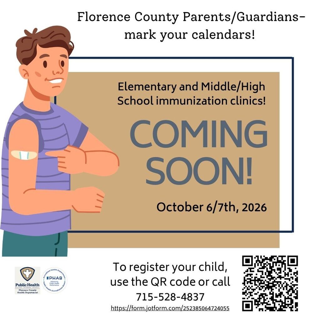 Flyer announcing Florence County Elementary and Middle/High School immunization clinics on October 6 and 7, 2026. Includes a QR code, link, and phone number to register.