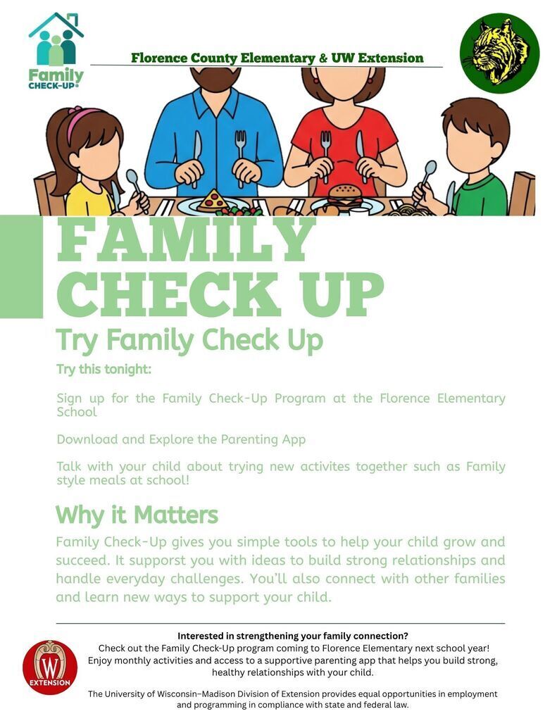A promotional flyer for the Family Check-Up program by Florence County Elementary & UW Extension featuring an illustration of a family eating a meal together.