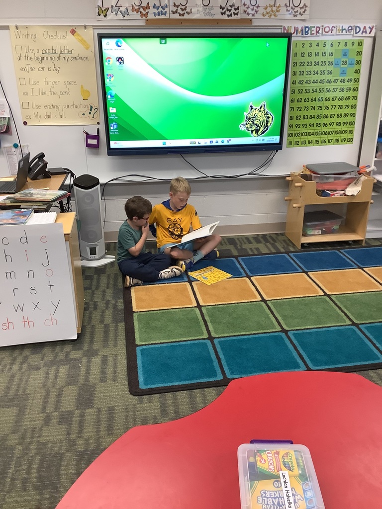 Two elementary students sit cross-legged on a blue, green, and brown grid rug in front of a large interactive whiteboard display. The boy in the yellow shirt holds an open book while the younger boy in the green shirt sits beside him, listening attentively. Classroom learning materials like an alphabet board, a writing checklist poster, and a number chart line the surrounding walls.