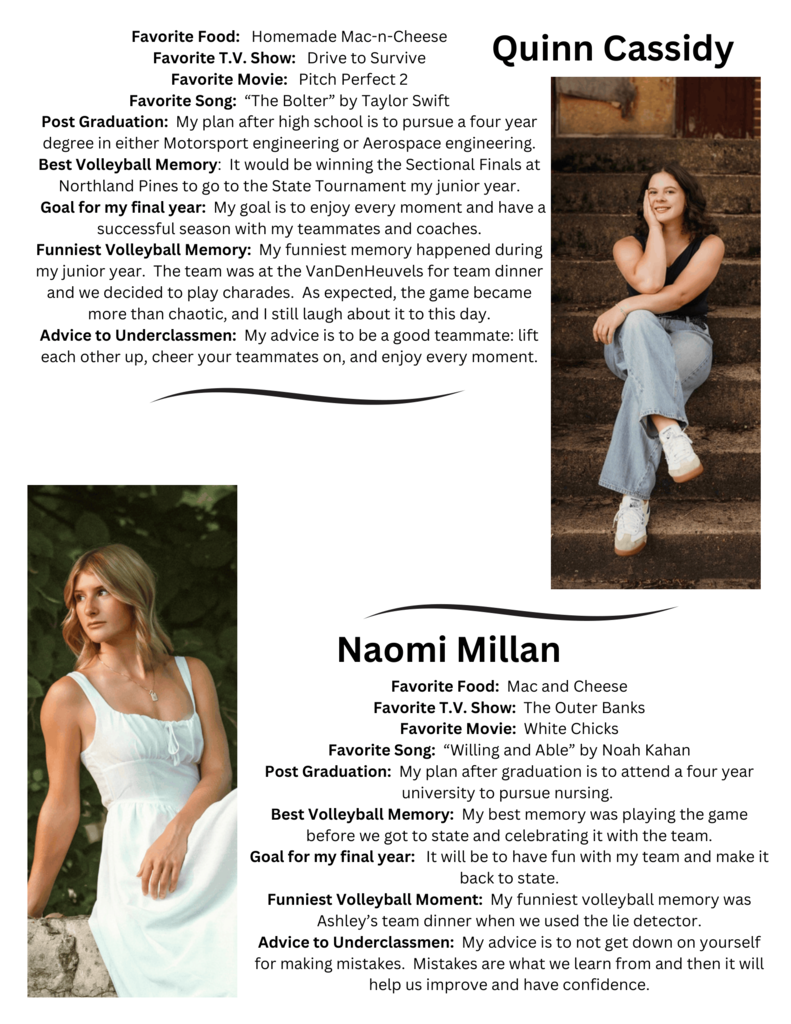 Senior spotlight graphic featuring photos and Q&A bios for volleyball players Quinn Cassidy and Naomi Millan.