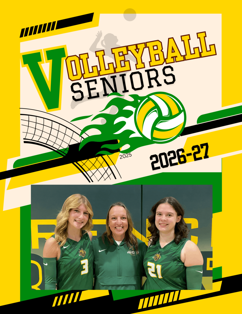 Volleyball Seniors 2026-27 poster featuring two high school volleyball players in green uniforms (numbers 3 and 21) posing with their coach in front of a yellow and green graphic design.