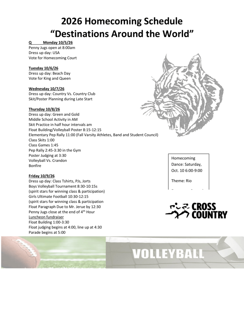 2026 Homecoming Schedule titled "Destinations Around the World." A detailed daily schedule running from Monday, October 5 through Friday, October 9, featuring dress-up themes, student activities, float building, games, a parade, and details for the Homecoming Dance on Saturday, October 10 ("Rio" theme). The flyer is decorated with a wildcat mascot illustration and sports graphics.