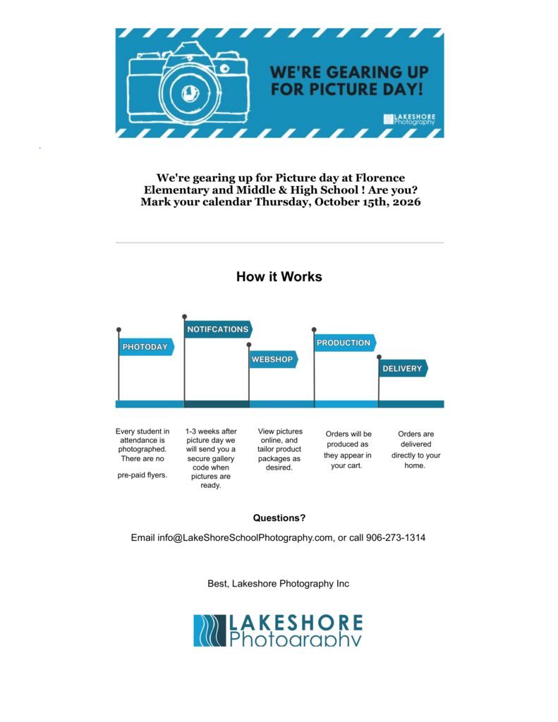 Promotional flyer for Lakeshore Photography announcing Picture Day at Florence Elementary and Middle & High School on Thursday, October 15th, 2026, outlining a 5-step process from photo day to home delivery.