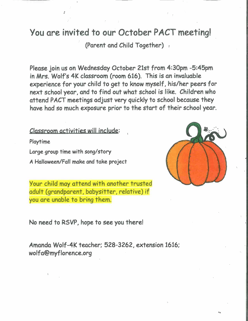 An invitation flyer for an October PACT (Parent and Child Together) meeting on Wednesday, October 21st, from 4:30pm to 5:45pm in Mrs. Wolf's 4K classroom (room 616), featuring an illustration of an orange pumpkin.