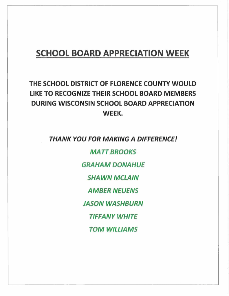 An official announcement image titled "School Board Appreciation Week" by the School District of Florence County recognizing seven board members.