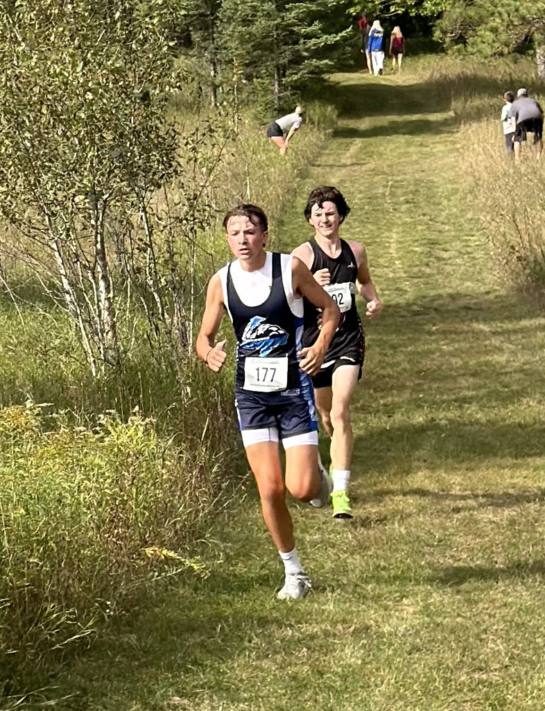 Two young male runners compete along a grassy trail during a cross-country race. The lead runner in front wears a navy blue and white singlet with race bib number 177, while another runner follows closely behind in a black tank top with bib number 92. Spectators and surrounding trees line the mowed path in the background under bright daylight.   