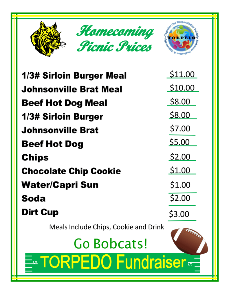 Price sheet for the Homecoming Picnic featuring meal options, individual food items, and drinks ranging from $1.00 to $11.00.   