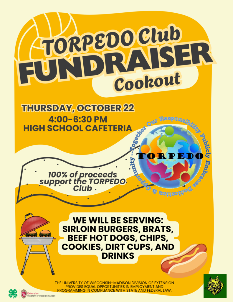 Flyer for the TORPEDO Club Fundraiser Cookout on Thursday, October 22 from 4:00 to 6:30 PM in the High School Cafeteria.
