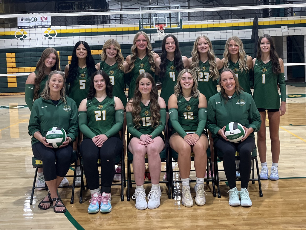 Group portrait of a high school women's volleyball team posed on a basketball court wearing matching green uniforms.