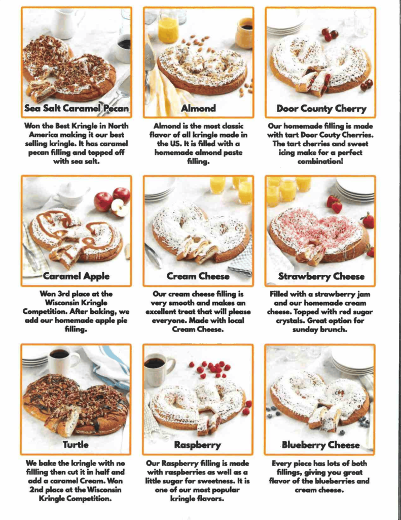 A 3x3 grid displaying nine different flavors of oval-shaped Kringle pastries with descriptive text below each image.