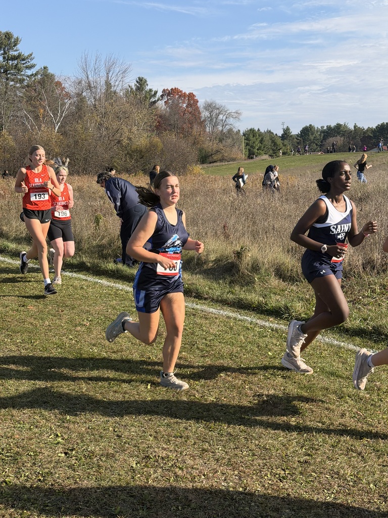 Several high school girls participate in a cross-country race across a grassy field under a clear blue sky. The runners in the foreground wear athletic singlets and shorts with race bibs while navigating the course, framed by grassy fields and autumn trees in the background.