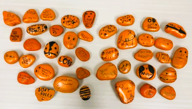 A top-down view of dozens of smooth, orange-painted rocks arranged on a white surface, each featuring hand-painted designs, positive messages, and uplifting phrases written in black marker. Messages include "Be Kind," "You Rock," "Don't Bully," "You are Beautiful," "Hope," and "U Matter," accompanied by simple drawings like ladybugs, bees, smiling faces, hearts, and trees.