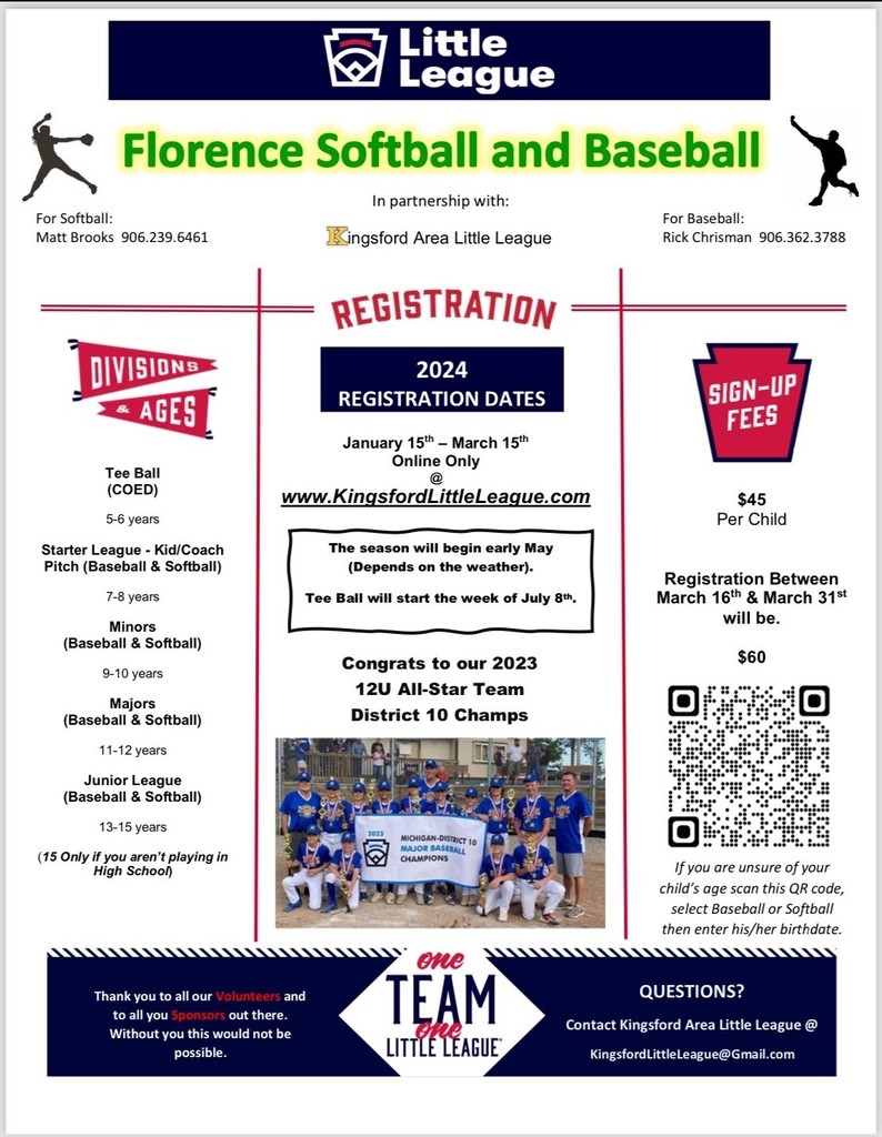 Attention Florence Families,  Little League Registration is now open - Register by March 15th - $45  March 16th - March 30th registration fee increase to $60.  Registrations closes on March 31st.   Register online at www.kingsfordlittleleague.com #GoFloCats