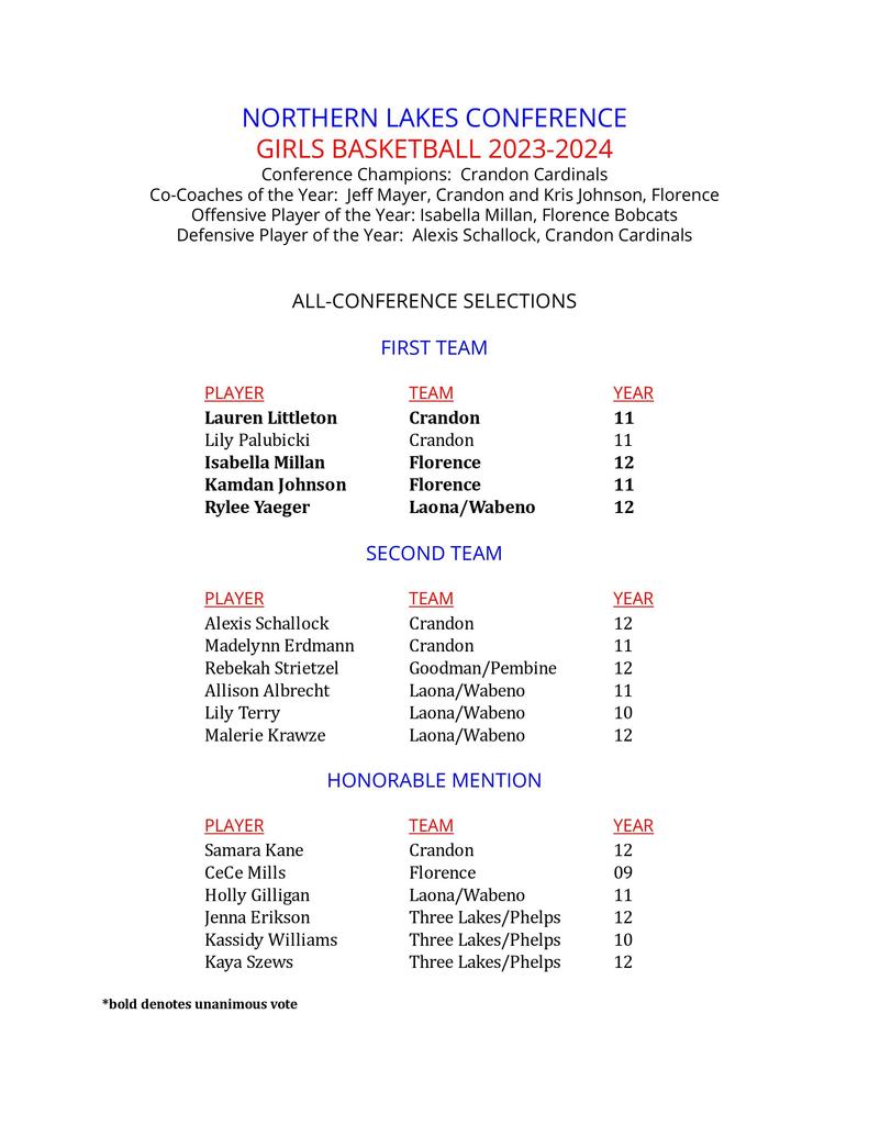 Norther Lakes Conference Girls basketball 2023-2024 standings