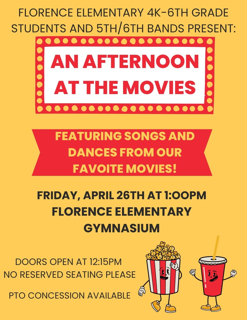 Mark your calendars for the Florence Elementary Spring Concert! April 26th, 2024 at 1:00 pm.  in the Florence Elementary Gym. Doors open at 12:15PM no reserved seating please #GoFloCats