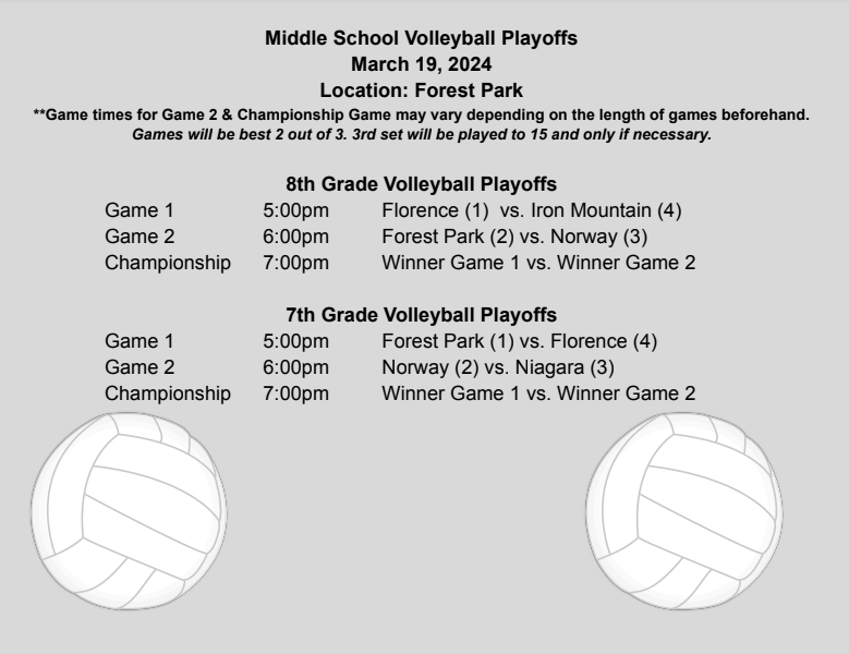 Attention Florence Bobcat Fans - Middle School Volleyball playoffs will be Mrach 19th, 2024 at Forest Park School. Come our and support our LadyCats.