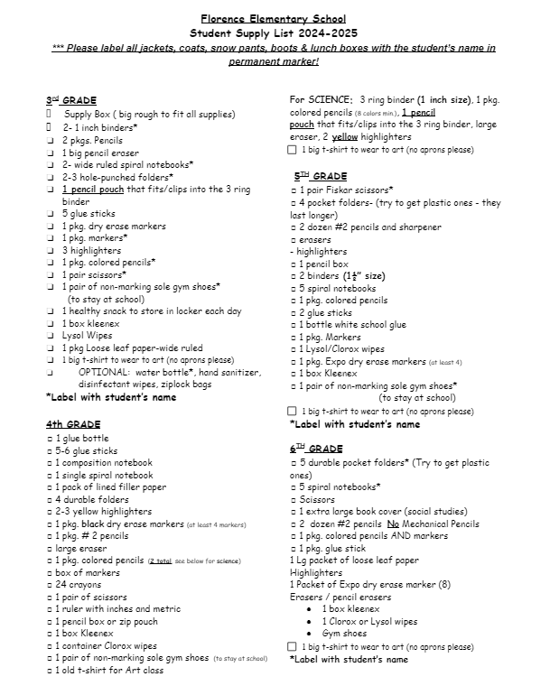 Elementary Supply List
