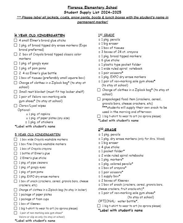 Elementary Supply List