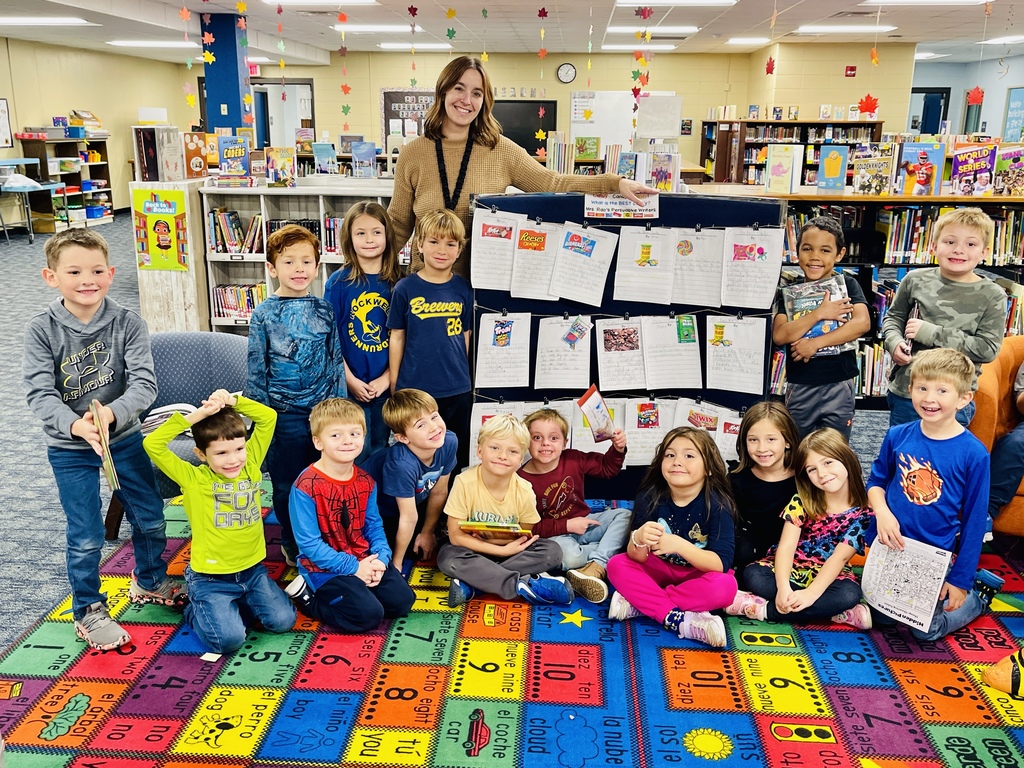 Rockwell’s Sweetest Writers! 🍬 Check out our class picture of these amazing persuasive first graders! As a school, we are voting on the best candy from a Rockwell perspective during every library class, using the list of candies these students wrote about. ✏️🍭