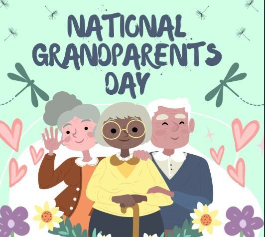 grandparents day banner, cartoon picture of two grandmas and one grandpa, pink hearts, purple flowers, white and yellow flowers, and green background