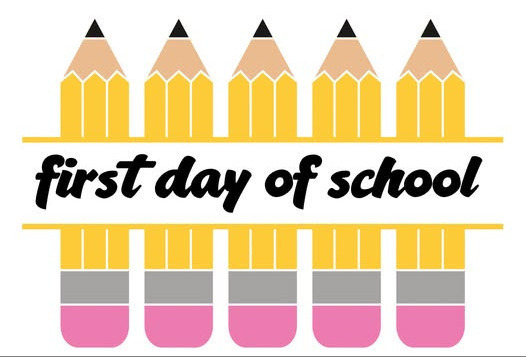 cartoon pencils lined up in a row with a first day of school banner